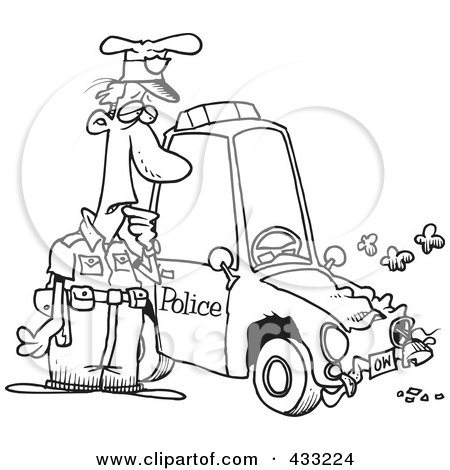 Royalty-Free (RF) Clipart Illustration of Coloring Page Line Art Of A Patrol Officer Staring At His Beat Up Car by toonaday