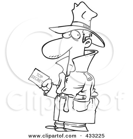 Royalty-Free (RF) Clipart Illustration Of Coloring Page Line Art Of An Undercover Agent Carrying Top Secret Information by toonaday