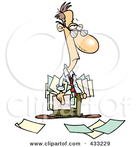 Royalty-Free (RF) Clipart Illustration of a Depressed Cartoon Businessman Carrying And Dropping Documents by toonaday