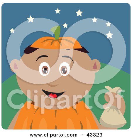 Clipart Illustration of a Hispanic Boy Trick Or Treating On Halloween In A Pumpkin Costume by Dennis Holmes Designs