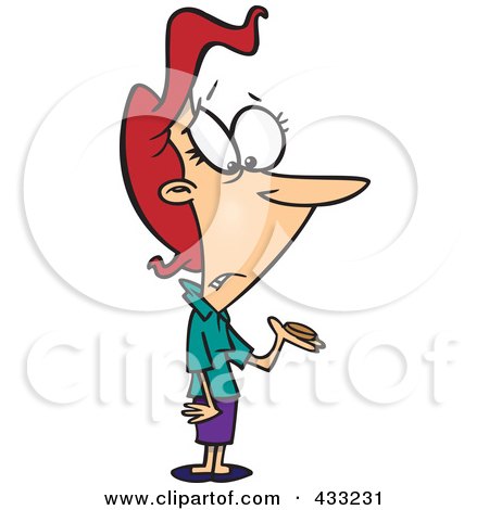 Royalty-Free (RF) Clipart Illustration Of A Poor Cartoon Woman Holding A Single Coin After Paying Taxes by toonaday