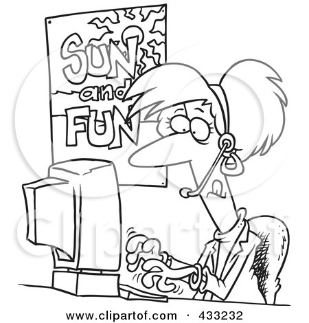 Royalty-Free (RF) Clipart Illustration Of Coloring Page Line Art Of A Female Travel Agent Booking A Vacation For A Customer by toonaday