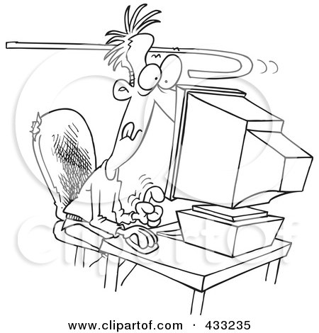 Royalty-Free (RF) Clipart Illustration Of Coloring Page Line Art Of A Cane Reaching To Pull An Addicted Man Away From A Computer by toonaday