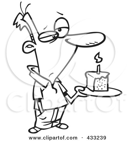 Royalty-Free (RF) Clipart Illustration Of Coloring Page Line Art Of A Grumpy Birthday Man Holding A Slice Of Cake by toonaday