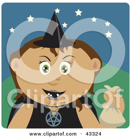 Clipart Illustration of a Hispanic Girl Trick Or Treating On Halloween In A Witch Costume by Dennis Holmes Designs