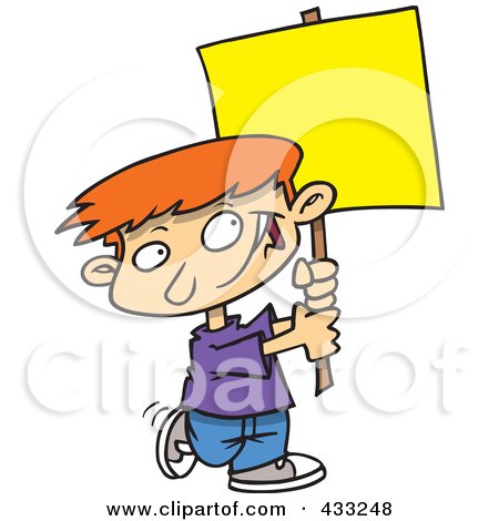 Royalty-Free (RF) Clipart Illustration Of A Happy Caucasian Boy Advertising With A Blank Sign by toonaday