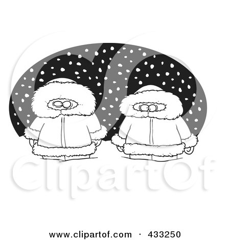 Royalty-Free (RF) Clipart Illustration Of Coloring Page Line Art Of Two Alaskans In The Snow Over A Black Oval by toonaday