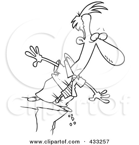 Royalty-Free (RF) Clipart Illustration of Coloring Page Line Art Of A Cartoon Businessman Standing On A Cliff And Looking Down by toonaday