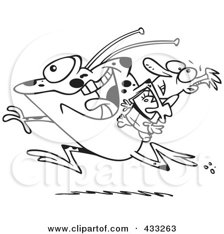 Royalty-Free (RF) Clipart Illustration of Coloring Page Line Art Of A Frog Like Monster Or Alien Abducting A Scared Man by toonaday