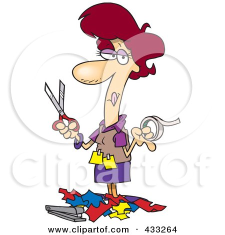 Royalty-Free (RF) Clipart Illustration Of A Woman Holding Tape And Scissors And Standing In Paper Scraps by toonaday