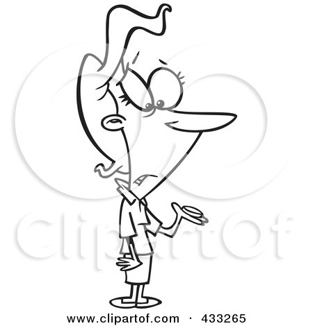 Royalty-Free (RF) Clipart Illustration Of Coloring Page Line Art Of A Poor Woman Holding A Single Coin After Paying Taxes by toonaday