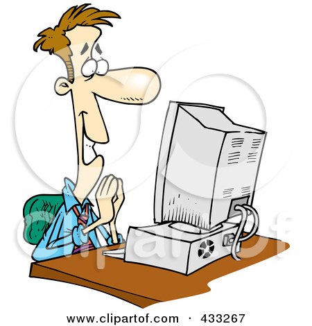 Royalty-Free (RF) Clipart Illustration of a Pleased Cartoon Businessman Sitting In Front Of A Computer by toonaday