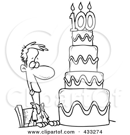 Royalty-Free (RF) Clipart Illustration of a Coloring Page Line Art Of A Hungry Cartoon Guy Drooling Over A 100 Birthday Cake by toonaday