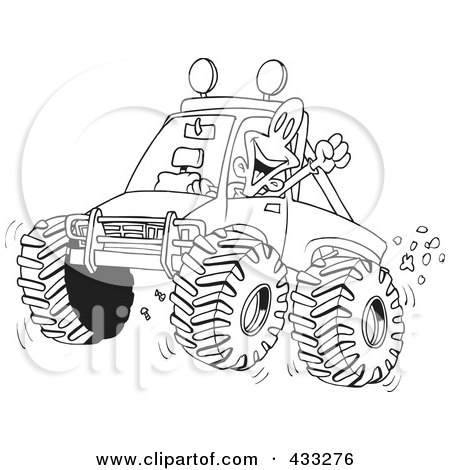 Royalty-Free (RF) Clipart Illustration of a Coloring Page Line Art Of An Excited Man 4wheeling His Truck Through Mud by toonaday