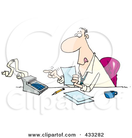 Royalty-Free (RF) Clipart Illustration of a Busy Cartoon Accountant Using A Calculator At His Desk by toonaday