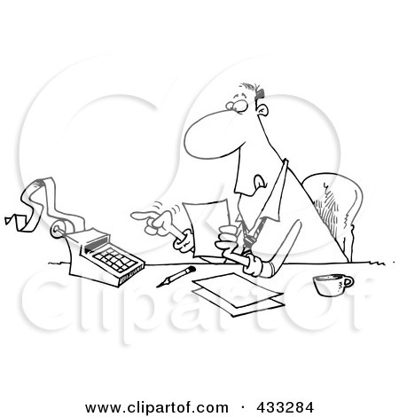 Royalty-Free (RF) Clipart Illustration of Coloring Page Line Art Of A Busy Cartoon Accountant Using A Calculator At His Desk by toonaday