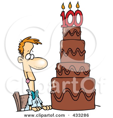 Royalty-Free (RF) Clipart Illustration of a Hungry Cartoon Guy Drooling Over A 100 Birthday Cake by toonaday