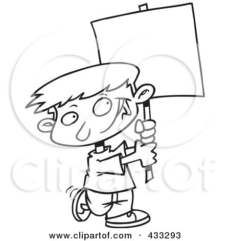 Royalty-Free (RF) Clipart Illustration Of Coloring Page Line Art Of A Happy Boy Advertising With A Blank Sign by toonaday