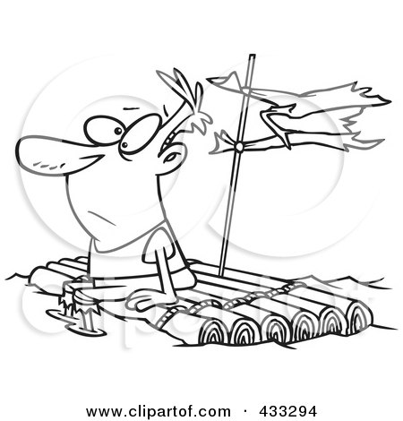 Royalty-Free (RF) Clipart Illustration Of Coloring Page Line Art Of A Man Adrift On A Log Raft by toonaday