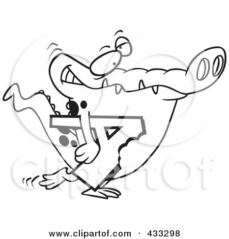 Royalty-Free (RF) Clipart Illustration of a Coloring Page Line Art Of An Alligator Carrying A Bitten Letter A by toonaday