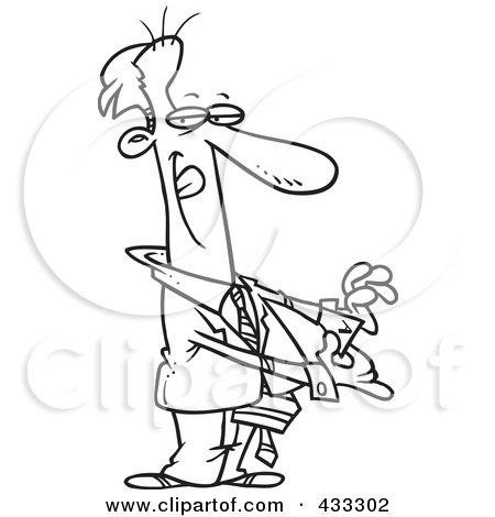 Royalty-Free (RF) Clipart Illustration of Coloring Page Line Art Of A Tricky Cartoon Businessman Pulling An Ace Out Of His Pocket by toonaday