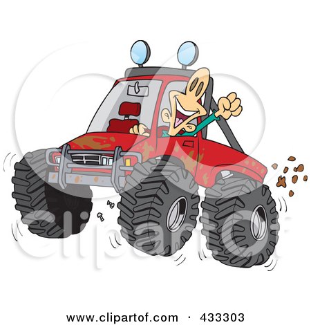 Royalty-Free (RF) Clipart Illustration of an Excited Man 4wheeling His Truck Through Mud by toonaday