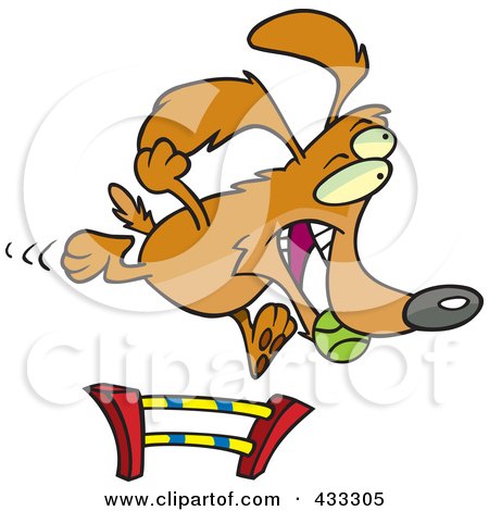 Royalty-Free (RF) Clipart Illustration Of A Dog Catching A Ball And Leaping A Hurdle In An Agility Course by toonaday