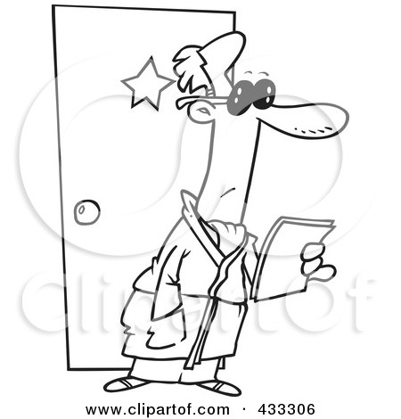 Royalty-Free (RF) Clipart Illustration Of Coloring Page Line Art Of A Male Actor Reading A Letter Outside His Dressing Room by toonaday