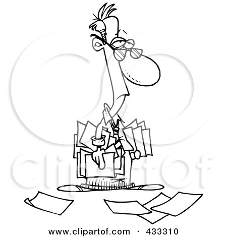 Royalty-Free (RF) Clipart Illustration of Coloring Page Line Art Of A Depressed Cartoon Businessman Carrying And Dropping Documents by toonaday