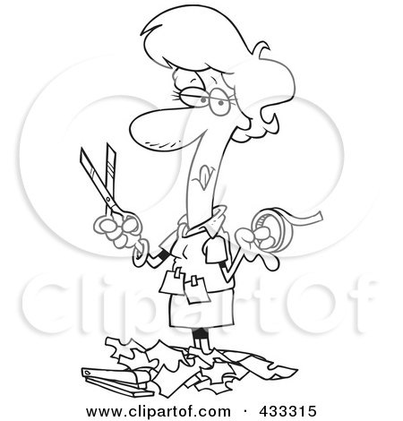 Royalty-Free (RF) Clipart Illustration Of Coloring Page Line Art Of A Woman Holding Tape And Scissors And Standing In Paper Scraps by toonaday