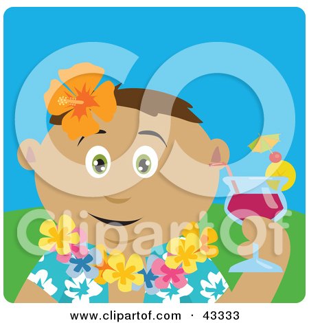 Clipart Illustration of a Latin American Man In A Hawaiian Lei, Drinking A Cocktail On Vacation by Dennis Holmes Designs