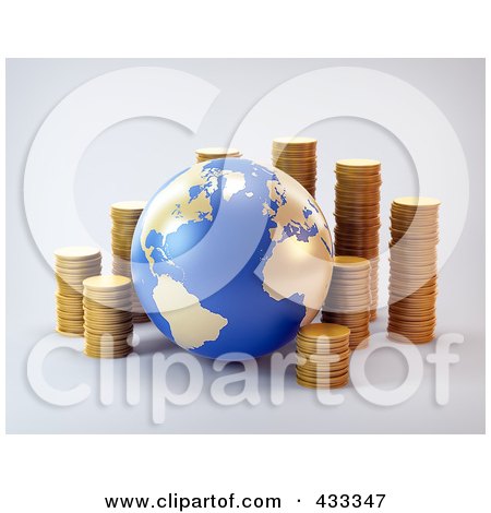 Royalty-Free (RF) Clipart Illustration Of A 3d Globe With Stacks Of Coins by Mopic