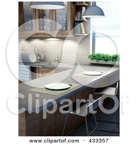 Royalty-Free (RF) Clipart Illustration Of A 3d Modern Kitchen With A Breakfast Bar by Mopic