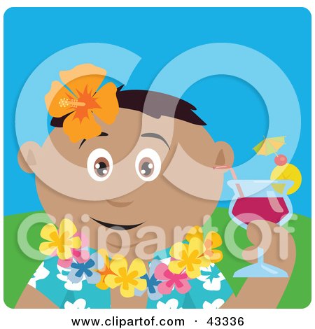 Clipart Illustration of a Hispanic Man In A Hawaiian Lei, Drinking A Cocktail On Vacation by Dennis Holmes Designs