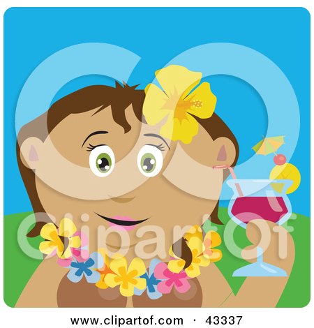 Clipart Illustration of a Latin American Woman In A Hawaiian Lei, Drinking A Cocktail On Vacation by Dennis Holmes Designs