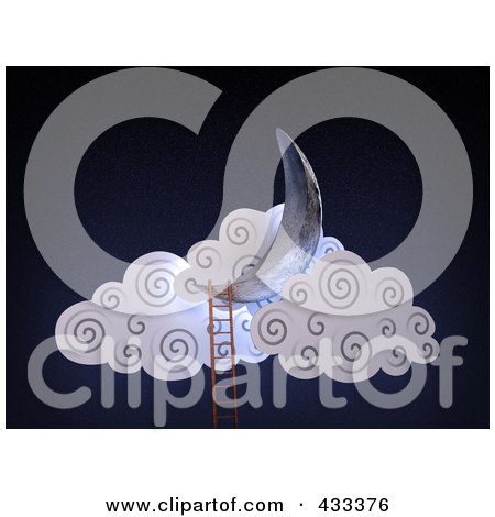 Royalty-Free (RF) Clipart Illustration Of A 3d Ladder Leading To A Crescent Moon And Clouds by Mopic