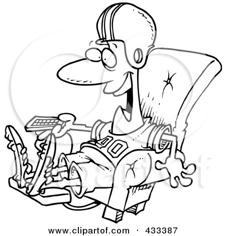 Royalty-Free (RF) Clipart Illustration Of Coloring Page Line Art Of A Football Fan Watching TV In An Arm Chair by toonaday
