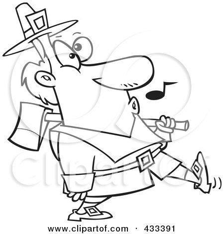 Royalty-Free (RF) Clipart Illustration Of Coloring Page Line Art Of A Whistling Pilgrim Carrying An Ax Over His Shoulder by toonaday