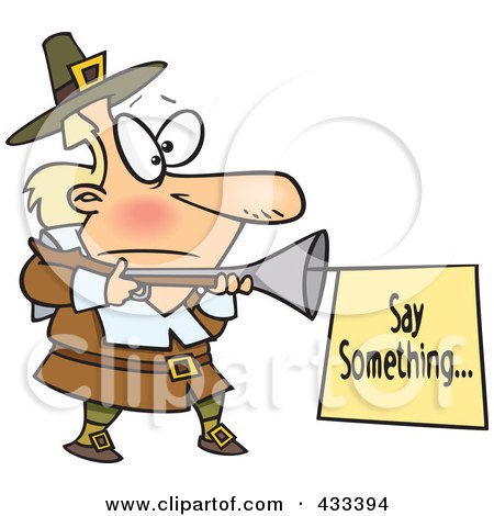 Royalty-Free (RF) Clipart Illustration of a Cartoon Pilgrim With A Blunderbuss And Sign by toonaday