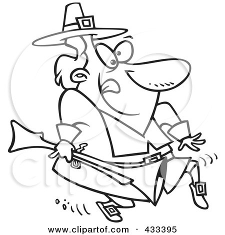 Royalty-Free (RF) Clipart Illustration of Coloring Page Line Art Of A Cartoon Pilgrim Tip Toeing And Carrying A Blunderbuss by toonaday