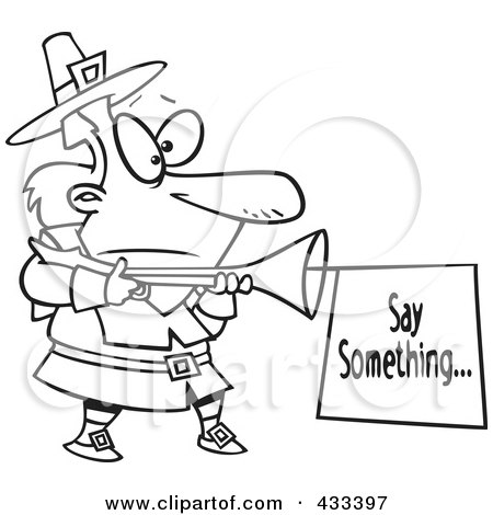 Royalty-Free (RF) Clipart Illustration of Coloring Page Line Art Of A Cartoon Pilgrim With A Blunderbuss And Sign by toonaday