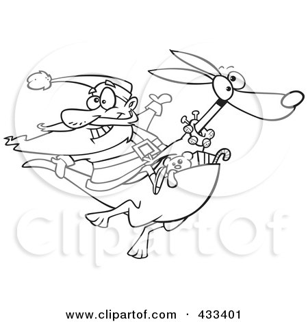 Royalty-Free (RF) Clipart Illustration Of Coloring Page Line Art Of Santa Riding A Kangaroo by toonaday