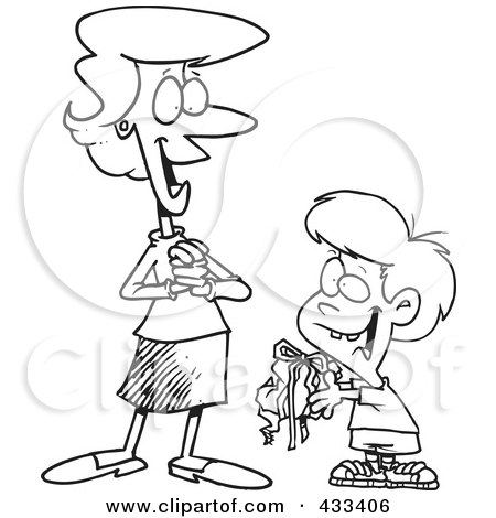 Royalty-Free (RF) Clipart Illustration Of Coloring Page Line Art Of A Boy Giving His Mom A Messy Gift by toonaday