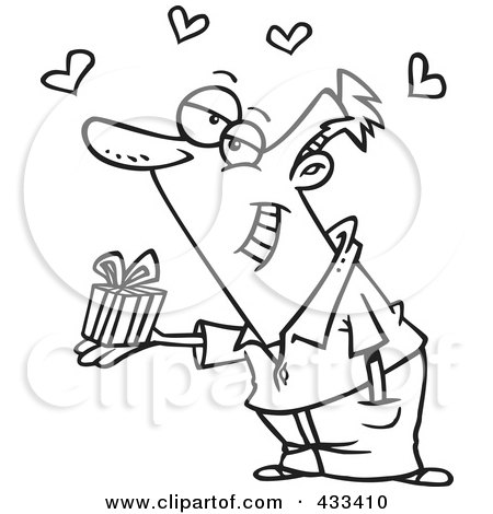 Royalty-Free (RF) Clipart Illustration Of Coloring Page Line Art Of A Man Holding A Valentines Day Gift by toonaday