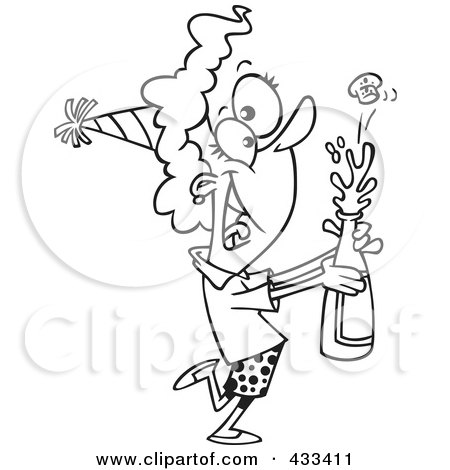 Royalty-Free (RF) Clipart Illustration Of Coloring Page Line Art Of A New Year Woman Popping Open A Bottle Of Champagne by toonaday
