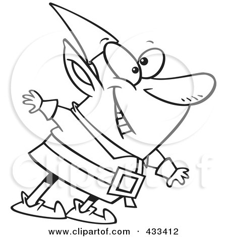 Royalty-Free (RF) Clipart Illustration Of Coloring Page Line Art Of A Happy Elf Leaning by toonaday