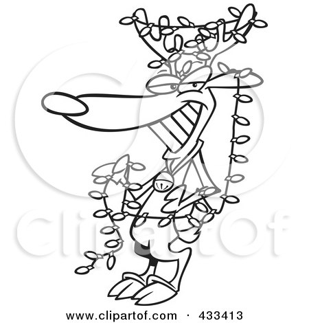 Royalty-Free (RF) Clipart Illustration Of Coloring Page Line Art Of A Christmas Reindeer Decked Out In Lights by toonaday