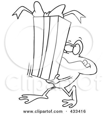 Royalty-Free (RF) Clipart Illustration Of Coloring Page Line Art Of A Frog Carrying A Gift Box by toonaday