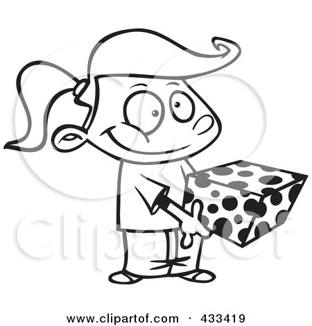 Royalty-Free (RF) Clipart Illustration Of Coloring Page Line Art Of A Sweet Girl Holding A Gift Box by toonaday
