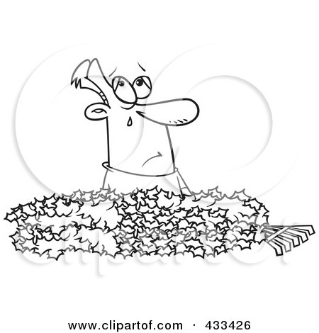 Royalty-Free (RF) Clipart Illustration Of Coloring Page Line Art Of A Man Crying In A Pile Of Autumn Leaves by toonaday